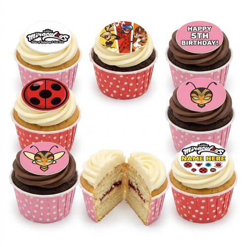 Miraculous Ladybug themed birthday cupcakes with character and custom age/name toppers in pink and red polka dot cases.