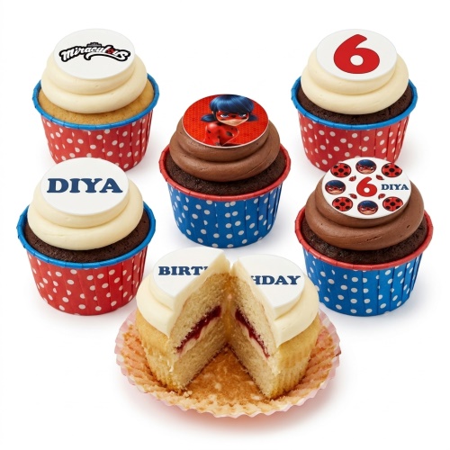 Miraculous Ladybug themed birthday cupcakes with character toppers, custom age, and personalised name.