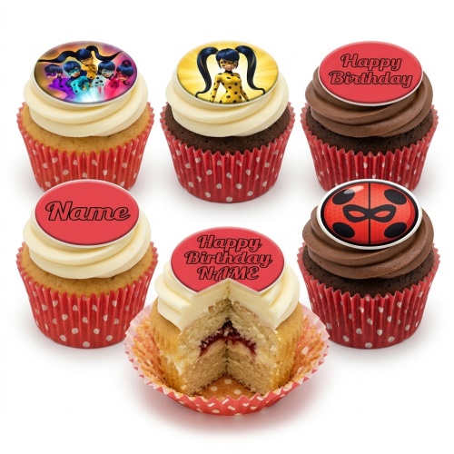 Miraculous Ladybug and Queen Bee themed cupcakes with personalised birthday messages.