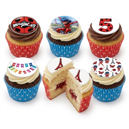 Miraculous Ladybug themed cupcakes with character, logo, Eiffel Tower, custom age '5', and 'Happy Birthday' toppers.