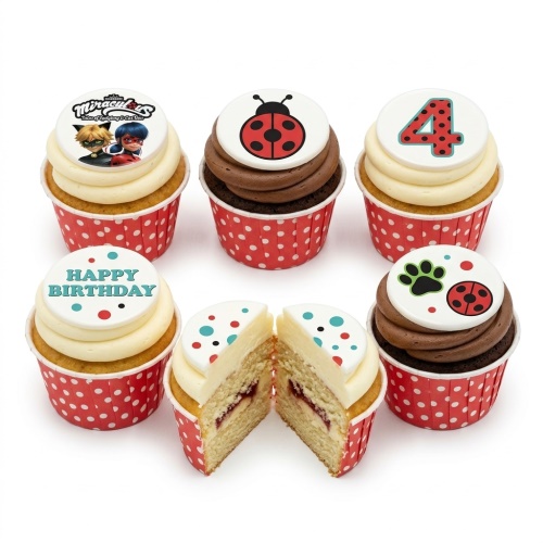 Miraculous Ladybug themed birthday cupcakes with ladybug, paw print, and custom age toppers.