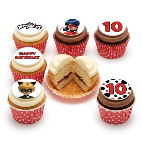 Miraculous Ladybug and Cat Noir cupcakes with custom age and Happy Birthday toppers.