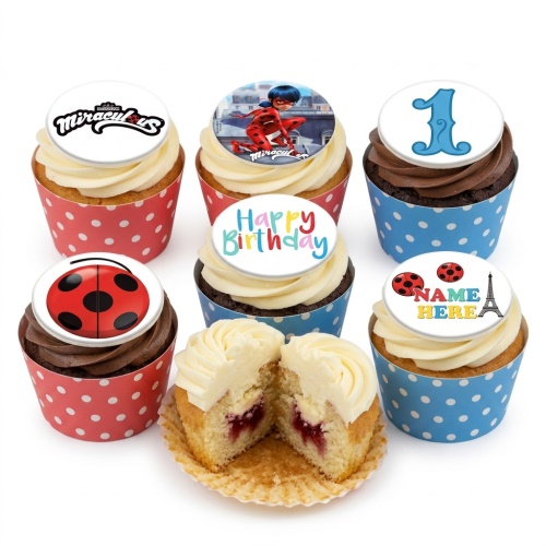 Miraculous Ladybug birthday cupcakes with character, logo, ladybug spots, Eiffel Tower, custom age, and personalised message toppers.