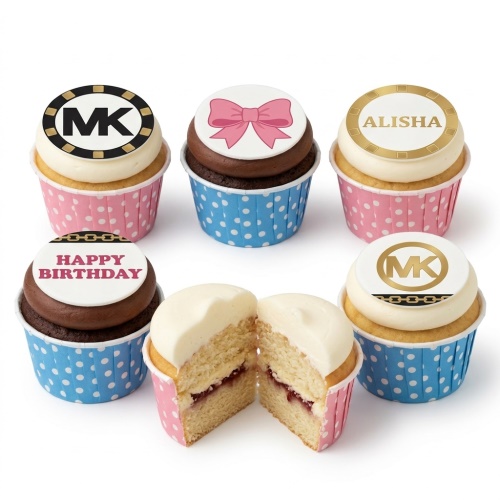Designer inspired birthday cupcakes with MK style logos and a pink bow.