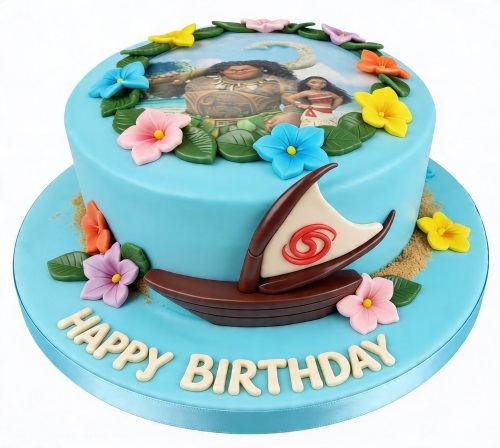 Round blue Moana birthday cake with edible image of Moana and Maui, sugar flowers, and a brown boat.