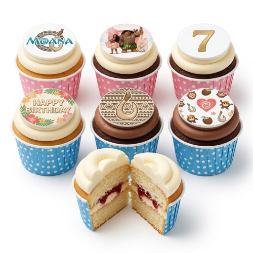 Moana themed birthday cupcakes with characters, logo, tropical flowers, and a custom age topper.