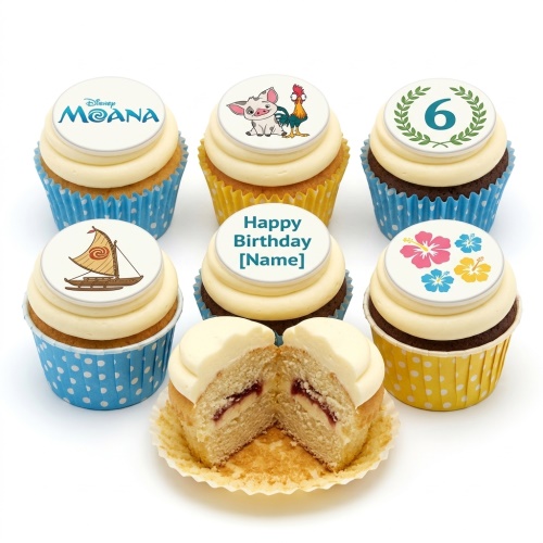 Moana themed birthday cupcakes with characters, boat, hibiscus, custom age and name toppers.