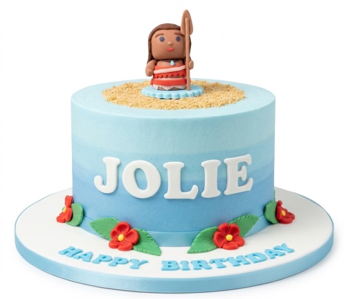 Round blue ombre Moana theme birthday cake with character topper, edible sand, and red flowers.