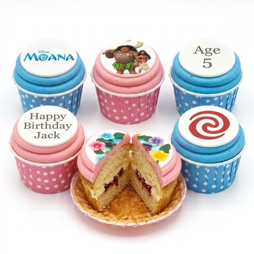 Disney Moana themed cupcakes with character toppers, logo, and custom age and name examples.