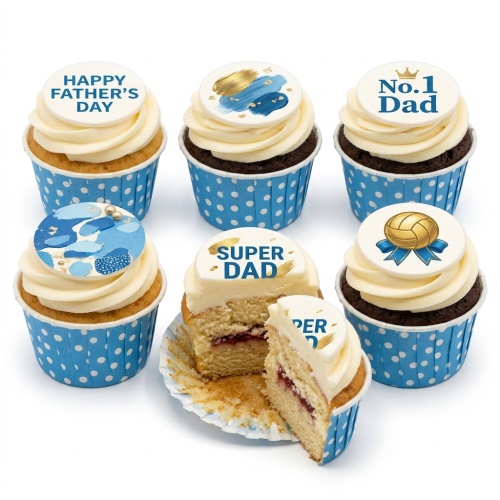 Assortment of Father's Day cupcakes with 'Happy Father's Day', 'No. 1 Dad', 'Super Dad' and volleyball toppers.