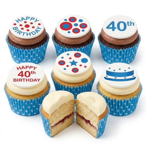 A set of red, white, and blue modern birthday cupcakes with custom age and message toppers.
