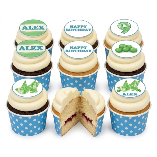 Kids birthday cupcakes with green and white toppers, blue polka dot wrappers, and customisable age and name examples.