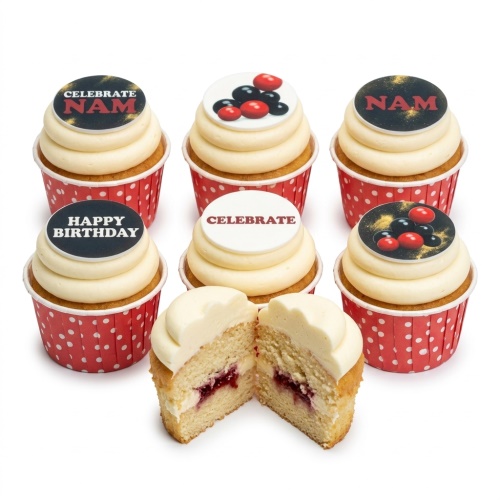 Vanilla cupcakes with white frosting, red polka dot cases, snooker ball and custom message toppers.