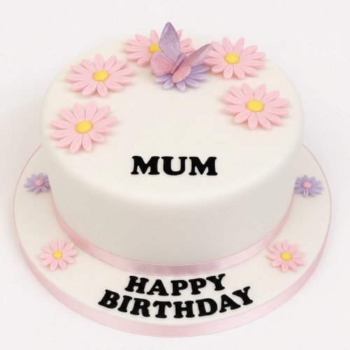 Round white birthday cake with pink and purple sugarpaste flowers and a butterfly.