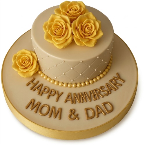 Two-tier cream anniversary cake with yellow sugar roses, gold edible pearls, and a custom message.
