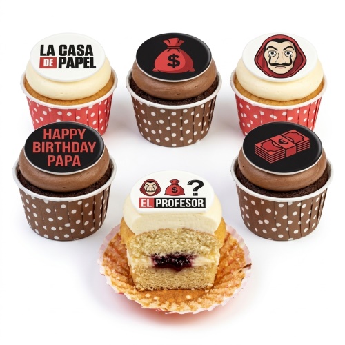 Money Heist themed cupcakes with Dali mask, money bags, and "El Profesor" toppers.