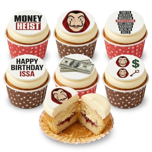 Money Heist themed cupcakes with Dali masks, dollar bills, character names, and a custom birthday message.
