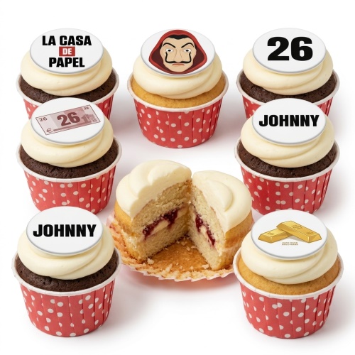 Money Heist themed cupcakes with character mask, gold bars, and customisable age and name toppers.