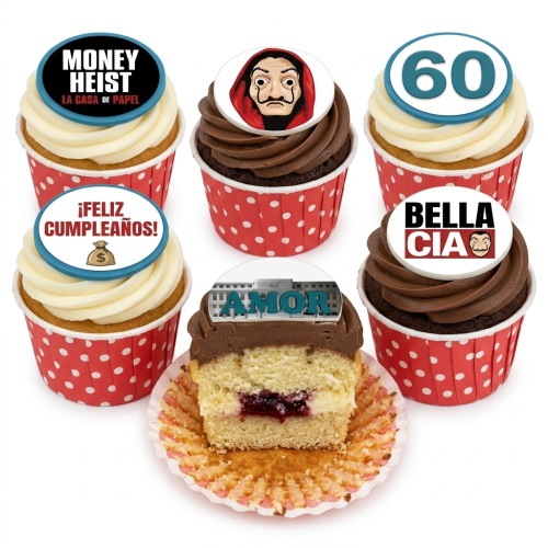 Money Heist themed cupcakes with Dalí mask, logo, Bella Ciao, Amor, Happy Birthday and custom age 60 toppers.