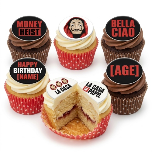 Money Heist themed birthday cupcakes with Dalí mask, "Bella Ciao", "Money Heist" toppers, and custom age and name placeholders.