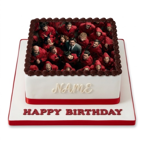 Square Money Heist themed birthday cake with edible character print and custom name.