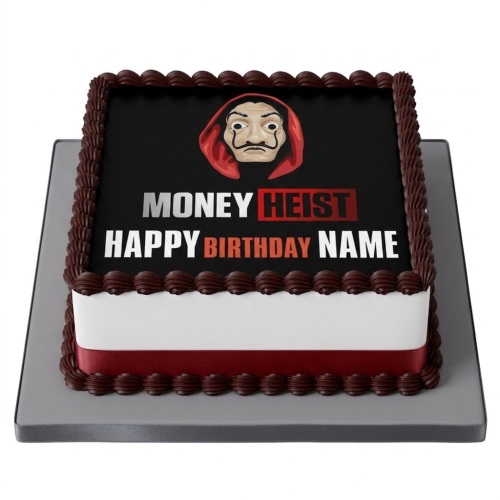 Square Money Heist themed birthday cake with Dalí mask, logo, and personalised name.