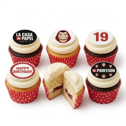 Money Heist themed birthday cupcakes with Dali mask, El Profesor, series logo, and custom age topper.