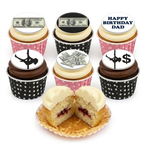 Cupcakes with dollar bill and pole dancer silhouette toppers, in pink and black polka dot cases, with vanilla and chocolate frosting.