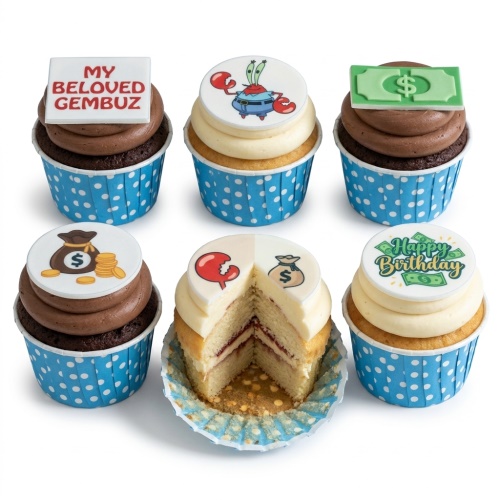 SpongeBob SquarePants birthday cupcakes with Mr. Krabs, money, and custom message toppers.