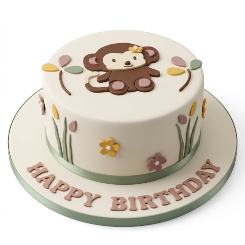 Round white birthday cake with a brown monkey figure and pastel flowers, green ribbon.