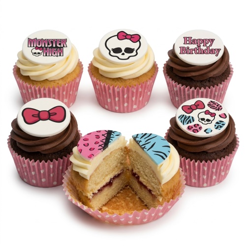 Six Monster High themed cupcakes with skull, bow, and logo toppers, some with chocolate and vanilla frosting.