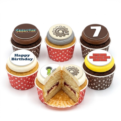 Assortment of kids birthday cupcakes with gaming, construction, and alien themed edible toppers, with custom age and name examples.