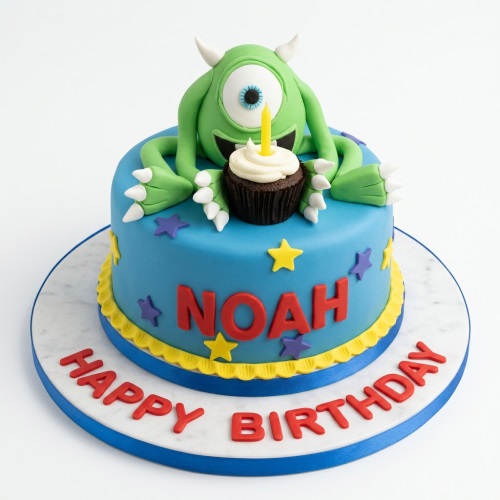 Round blue birthday cake with a green Mike Wazowski character figure, a small cupcake, colourful stars, and a personalised name.