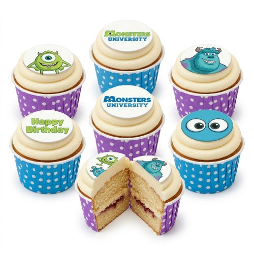 Monsters University themed cupcakes with Mike, Sulley, and logo toppers, and a "Happy Birthday" message.