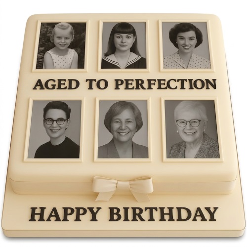 Two-tier cream photo birthday cake with six framed black and white photos and 'Aged to Perfection Happy Birthday' text.