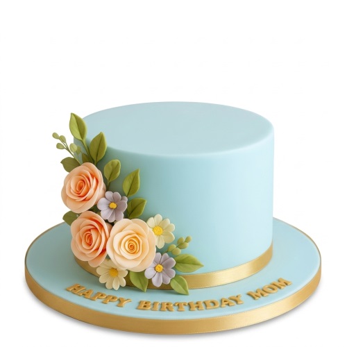 Light blue single-tier cake with peach and purple sugar flowers, green leaves, and gold ribbon.