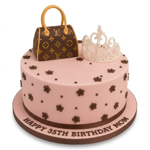 Elegant pink birthday cake with a luxury handbag decoration, a white crown, and small brown flowers, suitable for a custom age and personalised message.