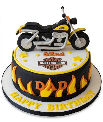 Two-tier Harley Davidson motorcycle birthday cake with a 3D bike topper, flames, and custom age.