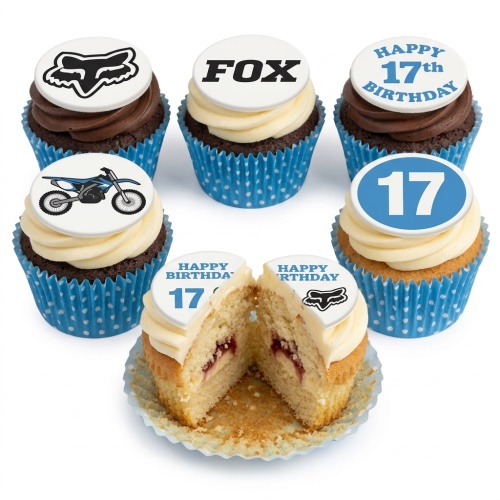 A set of motocross themed birthday cupcakes with dirt bike, Fox logo, and custom age toppers.
