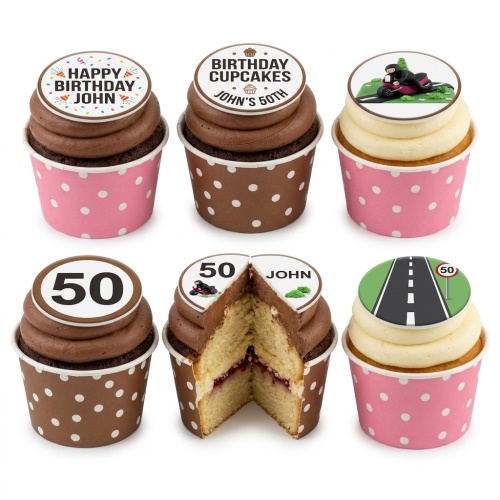 A set of six motorbike themed 50th birthday cupcakes with custom age and road sign toppers.