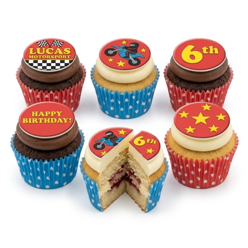 Cupcakes with motocross bikes, racing flags, stars, and custom age topper