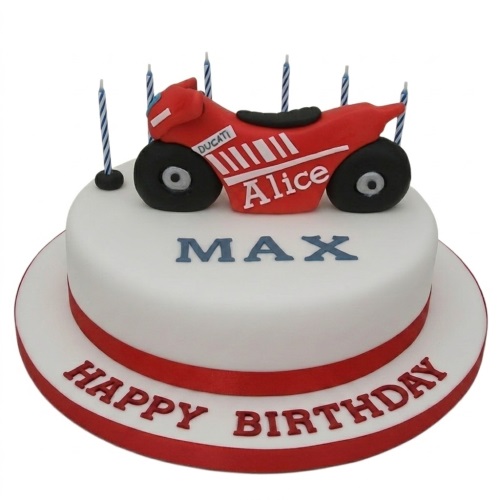 Red motorbike themed birthday cake with candles and customisable name on a white base.