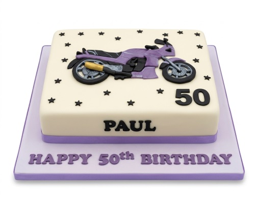 Square cream fondant cake with purple motorcycle, black stars, and custom age.