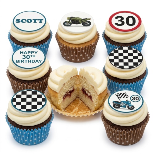 A set of cupcakes with motorbike, racing flag, and custom age toppers.