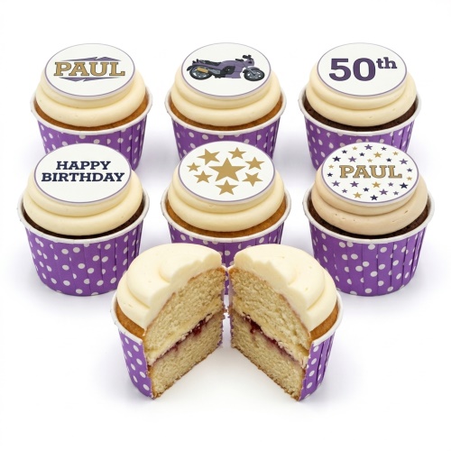 Six birthday cupcakes with motorbike, stars, custom age, and name toppers in purple wrappers.