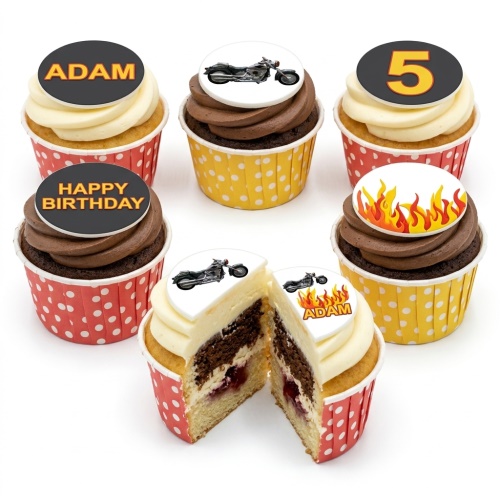 Motorcycle themed cupcakes with custom age topper, personalised name, and flame decorations.