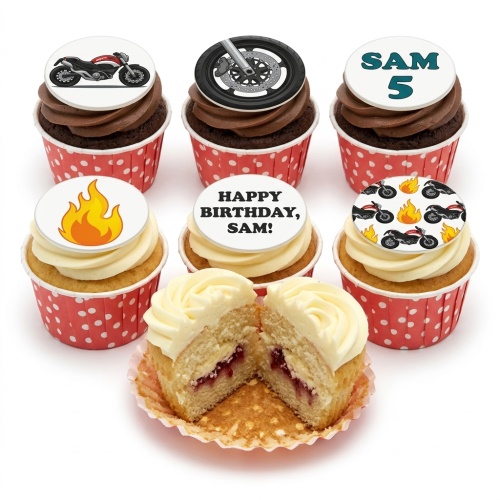 Six cupcakes with motorbike, wheel, and flame toppers in red polka dot cases.