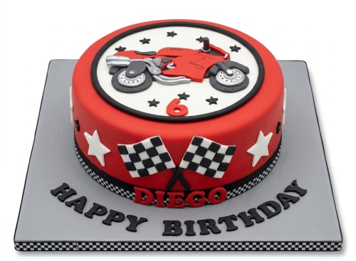 Red motorcycle birthday cake with checkered flags and a custom age topper.