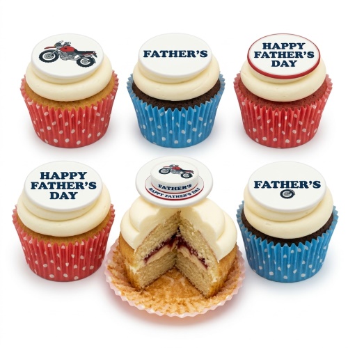 Six cupcakes with white frosting, red and blue polka dot cases, topped with "Father's", "Happy Father's Day" messages, and motorcycle graphics.