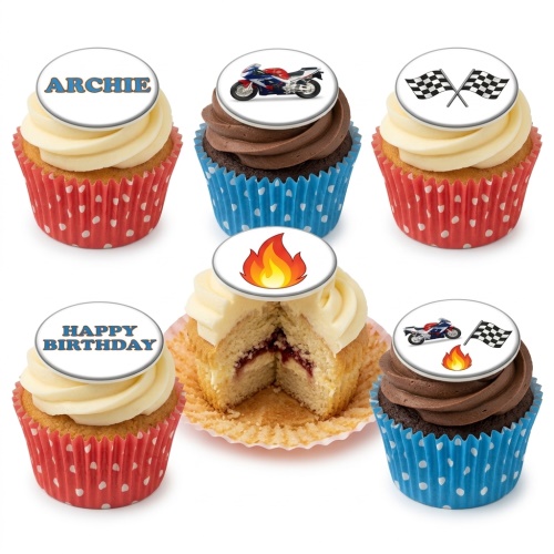 Motorbike racing cupcakes with checkered flags, flames, and custom name/message toppers.